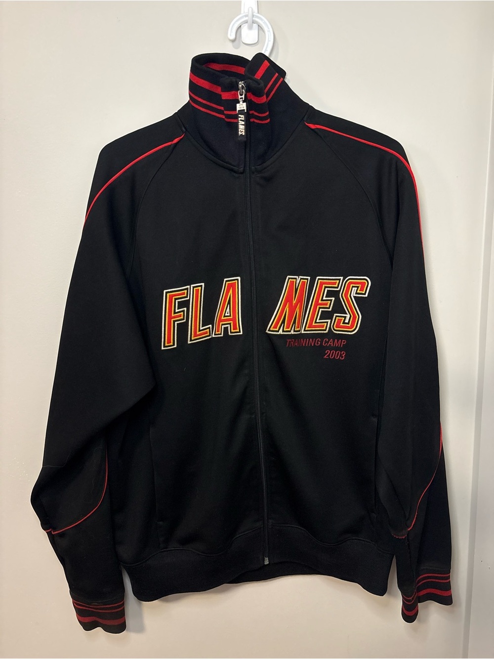 Y2K Calgary Flames NHL Training Camp 2003 Zip Up Crewneck. Embroidery Details